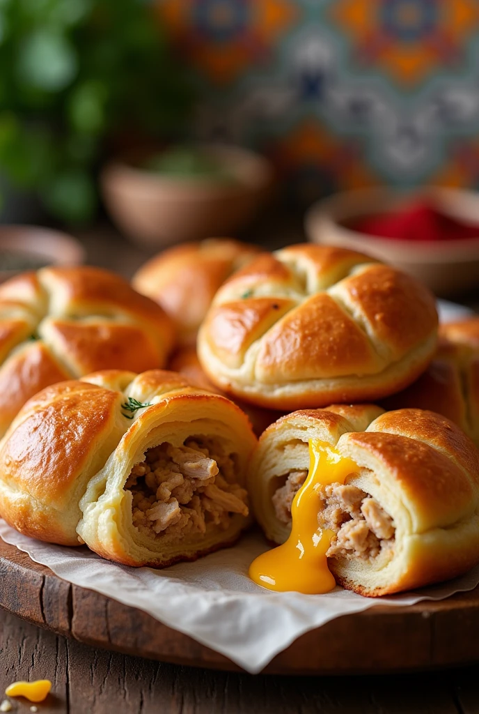 A photo of briouat with brick dough, stuffed with minced chicken breast and cheese