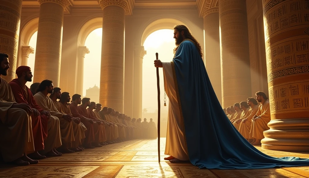 A scene showing the Prophet Moses, peace be upon him, standing bravely before Pharaoh in his huge palace. Moses is holding his staff, and his face shows confidence and faith.

 