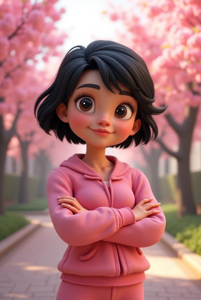 Post a 3D of a 40 year old woman with short, fat, black hair,small Disney-style eyes with pink clothing, a woman over 40 years old with her arms crossed and long black hair 


