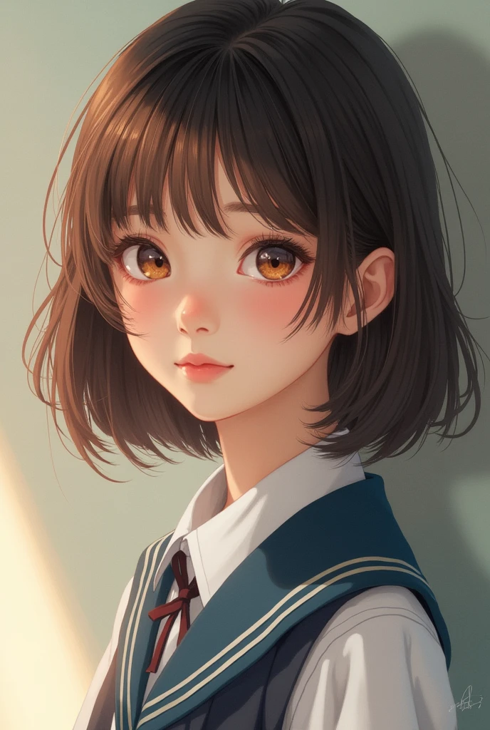 (masterpiece), best quality, expressive eyes, perfect face, 1girl, brown eyes, chin-length brown hair in a feathered cut with a side-parted fringe, school uniform