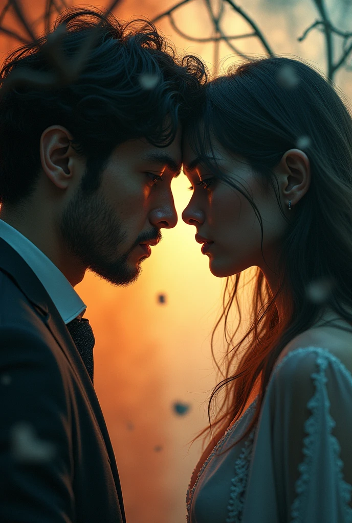 Create two images in one photo: of a man manipulated by an emotionally abusive narcissistic woman. And of a woman deceived by an emotionally abusive narcissistic man.  Both must demonstrate the despair of being unable to free themselves with their broken hearts suffering and crying from the manipulation like puppets of each other. No dark images. 