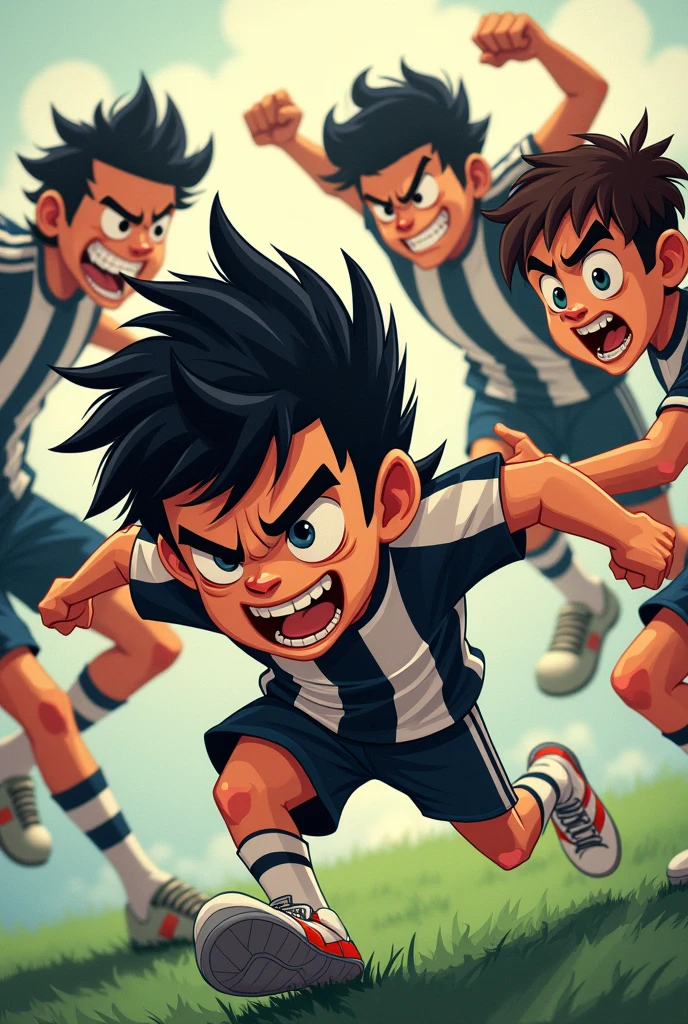 A boy with long black hair and a Juventus shirt is being beaten up by a group of 4 friends because they are very angry the first one has black hair all on one side and with braces , The other one has crooked hair and bricks and the third one has short brown hair and they all jump over them from a cartoon style football