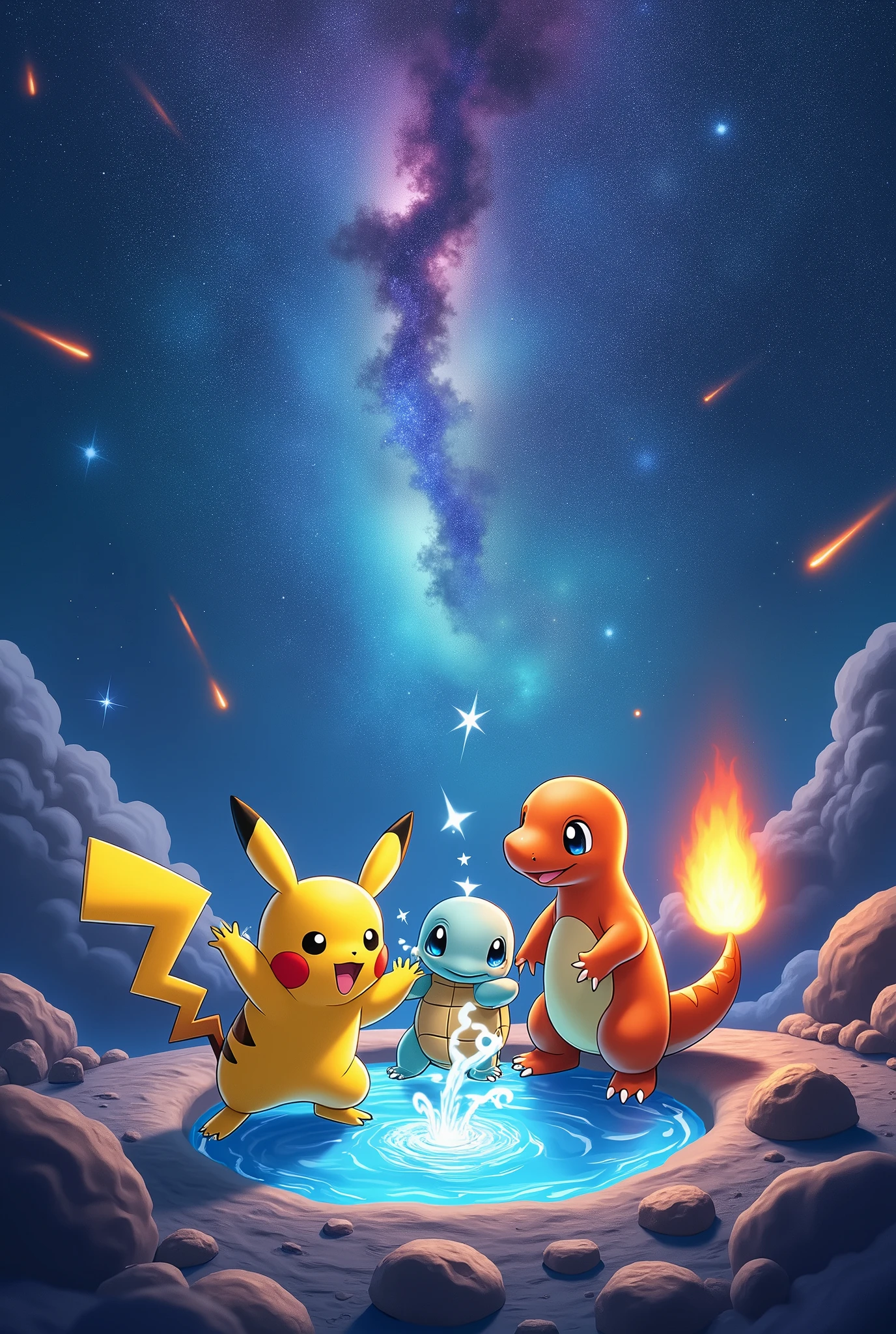 Live galaxy background with Pikachu, squirtle, charmander