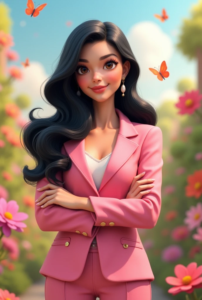 Post a 3D of a 40 year old woman with long black hair and short, fat,small Disney-style eyes with pink clothing, a woman over 40 years old with her arms crossed and long black hair 


