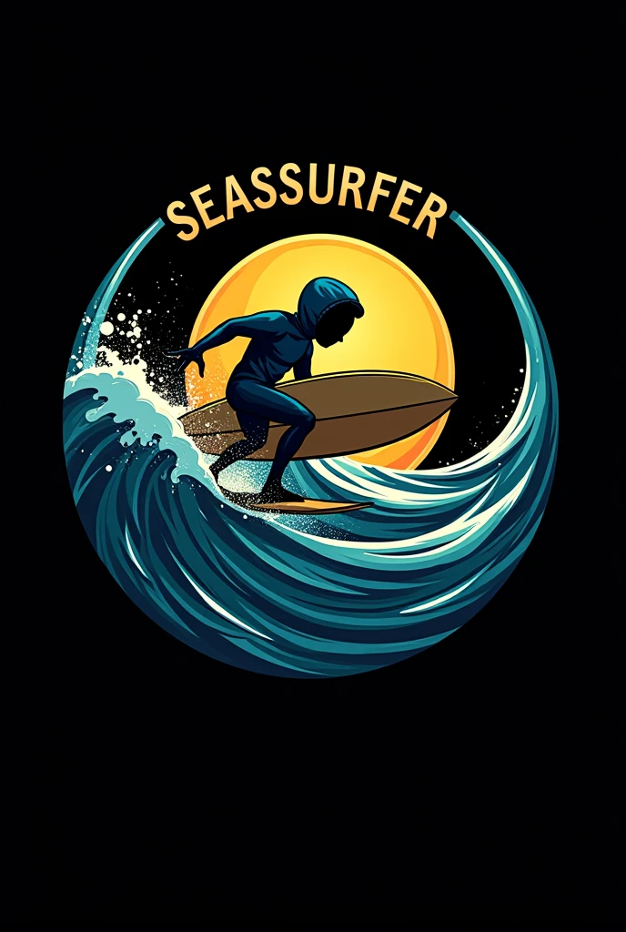 A mesmerizing, ultra-high-resolution logo design featuring a stylized surf mascot in a circular pattern. The word "SEASSSURFER" is
prominently displayed in the center with triple s, with a sleek and minimalist style that showcases clean lines and intricate details. The background is a deep and rich black, allowing the vibrant and cinematic colors of the design to truly stand out. The overall effect is a professional, photo-realistic masterpiece reminiscent of a high-quality, perfectly capturing the essence of the sea and surf.