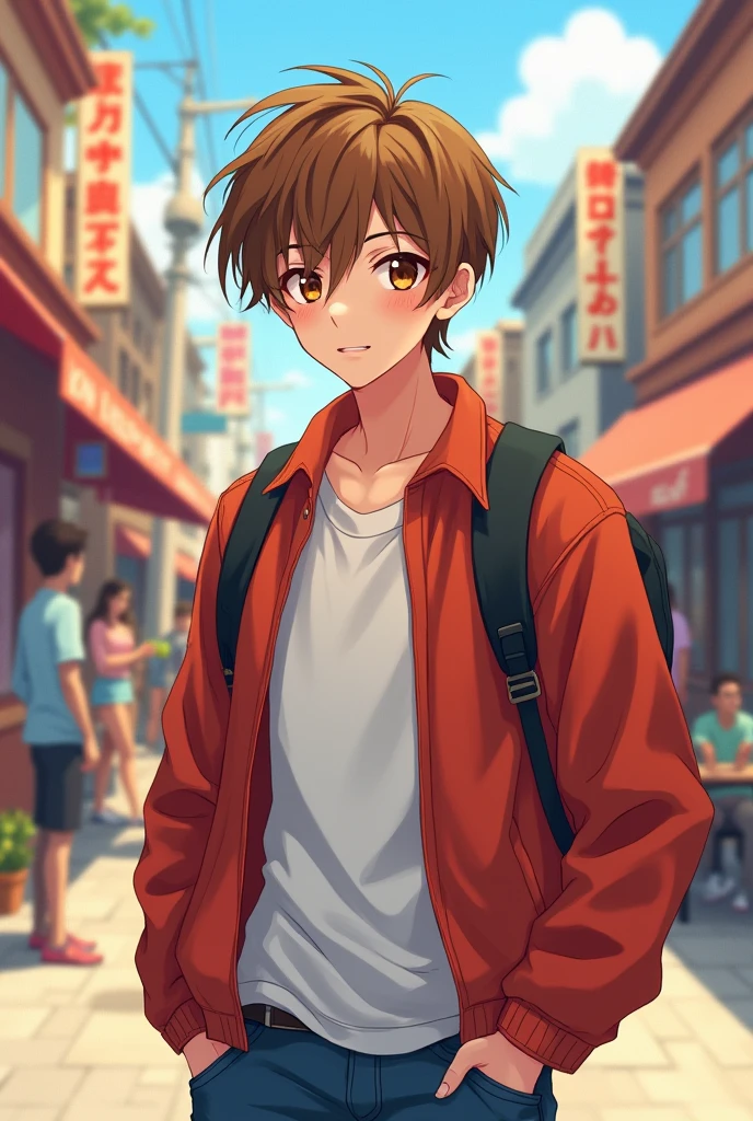 Light brown hair guy, light brown eyes and pale skin, about 22 years old, that his facial features are a bit of a flirtatious boy.
Let it be in 2d or anime