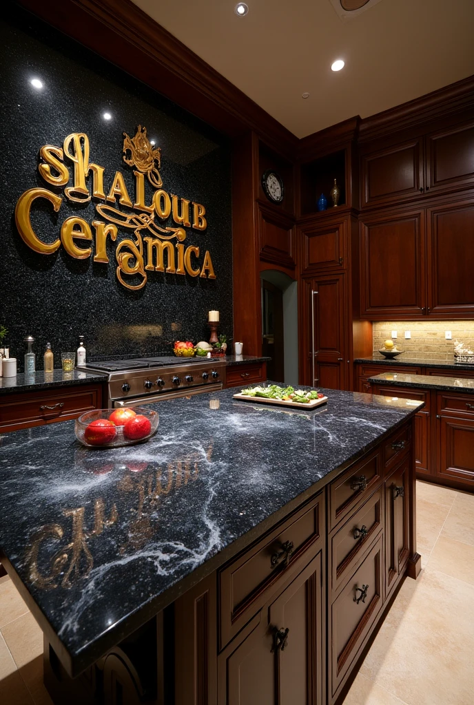 Write “SHALHOUB CERAMICA” on the wall in luxury kitchen with galaxy granite table.