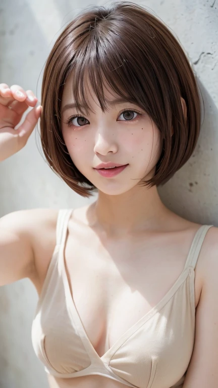 (Bob Cut Hair:1.2),(Wearing a blouse:1.2),1 person,Japanese,21 years old,(Small breasts:1.3),(Highest quality,masterpiece:1.3,Ultra-high resolution,),(Very detailedな,Caustics),(Realistic:1.4,RAW shooting,)Ultra-Realistic Capture,Very detailed,High resolution 16K human skin closeup。 Natural skin texture、,pores、、It needs to be detailed enough to be easily identifiable。 Skin tone is even and healthy looking。 Use natural light and color, Happy expression, Looking into the camera, Perfect dynamic composition, Outdoor、Cleavage、sheer、Earrings、Leaning against the wall、Raise your hand、Duck mouth、Armpits、freckles、Round Glasses、topless