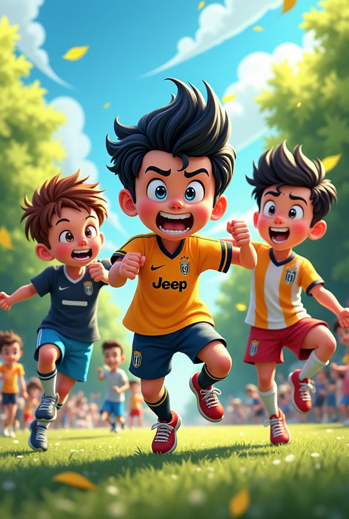 A boy with long black hair and a Juventus shirt is being beaten up by a group of 4 friends because they are very angry the first one has black hair all on one side and with braces , The other one has crooked hair and bricks and the third one has short brown hair and they all jump over them from a cartoon style football
