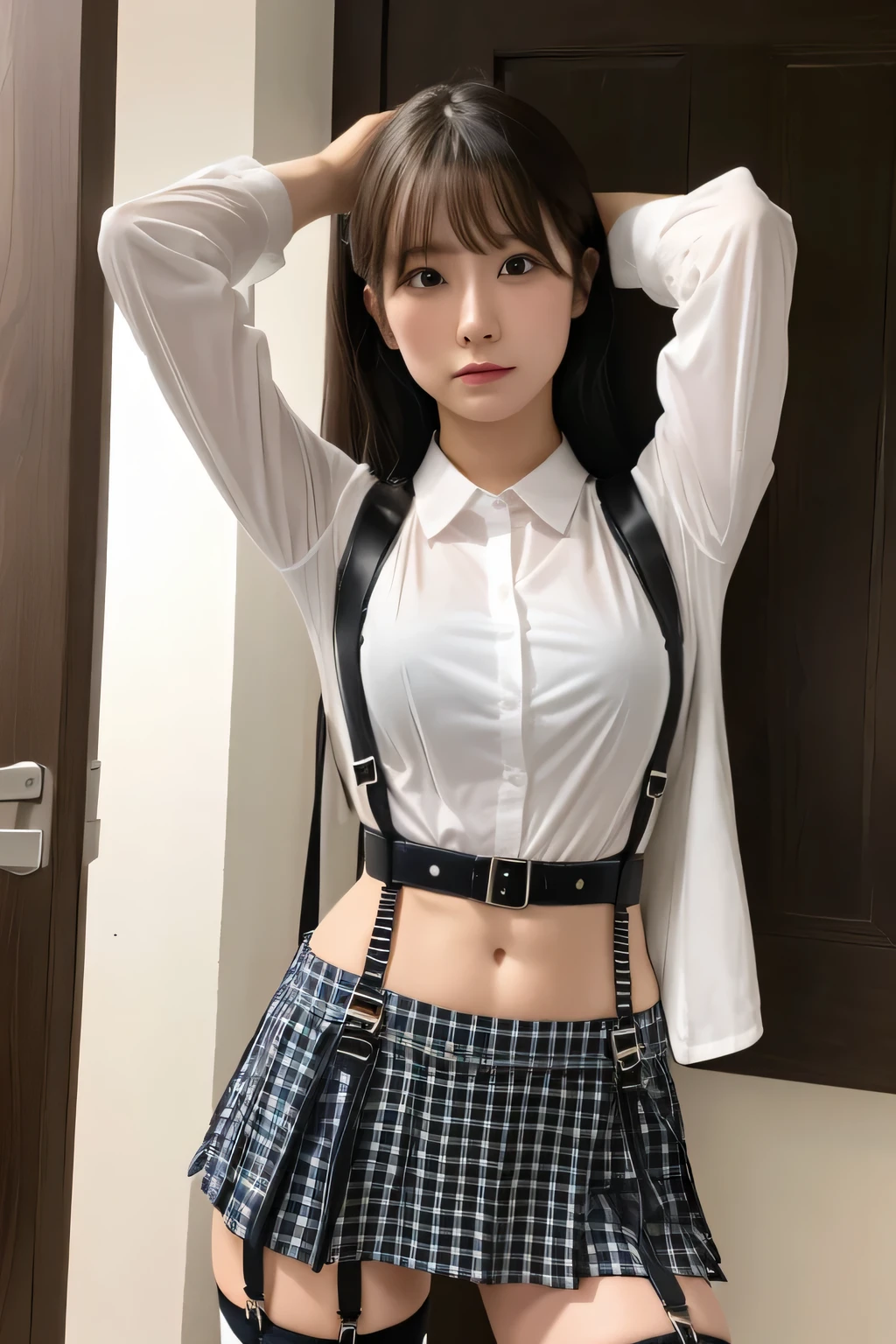 1 female, , high quality, masterpiece, Ultra-high resolution, Cinema Lighting, 1 female, , high quality, masterpiece, Ultra-high resolution, , Cinema Lighting, suspenders　　　Moderate breasts　 　 　　　　　 　　　　Small face　 　　　　　　　　　　　Looking up　　　　Sweat 　　　Thin belt　buzzer　脇Sweat 　　　　 　garter belt　　Belt on pants　　holster　 　　Hands behind your back　 　Looking up　Anxious face　Knee-high　Knee socks　Knee-highソックス 　garter　ふとももにgarter belt　Checkered mini skirt　 　　Panty shot　Skirt gap Armament　　　holster　holster 　　Hands behind your back　 Anxious expression　　Anxious face, legs apart　Armament　　Leg Holster　holster　See-through clothing　heavy rain　Rain-soaked dress shirt,Moderate breasts　ガーターbelt　suspenders　Garter on the thigh　Checkered mini skirt　Looking up　Pause　belt　Armpit sweat　Hands behind back　Raise your hands