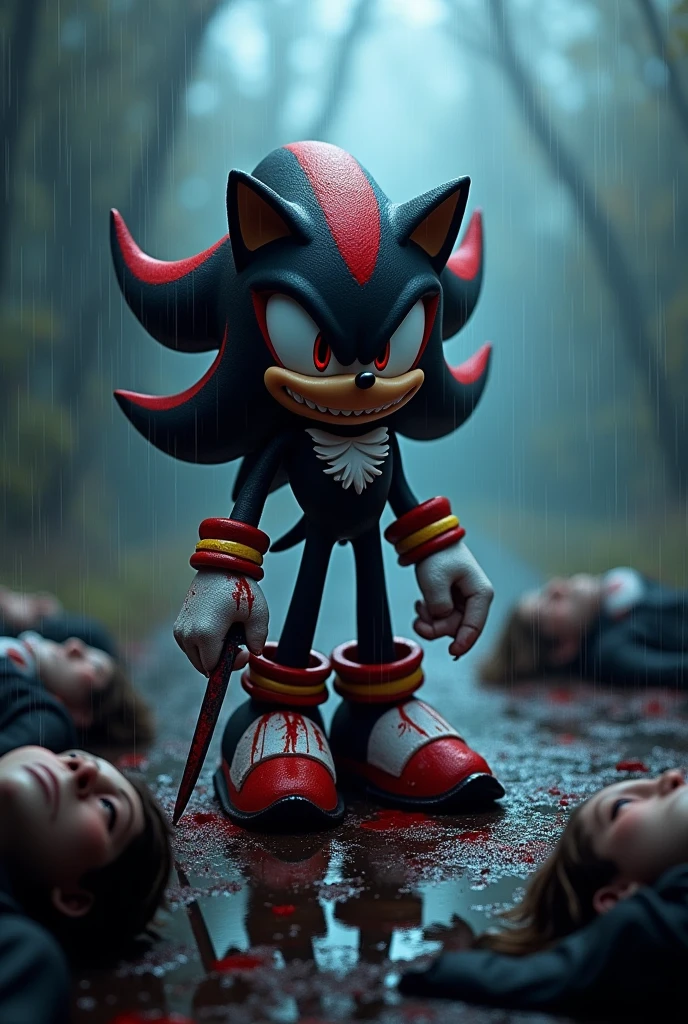 Shadow the hedgehog with a psychopathic face covered in blood, holding a bloody knife in his hand, surrounded by several bodies while it rains.