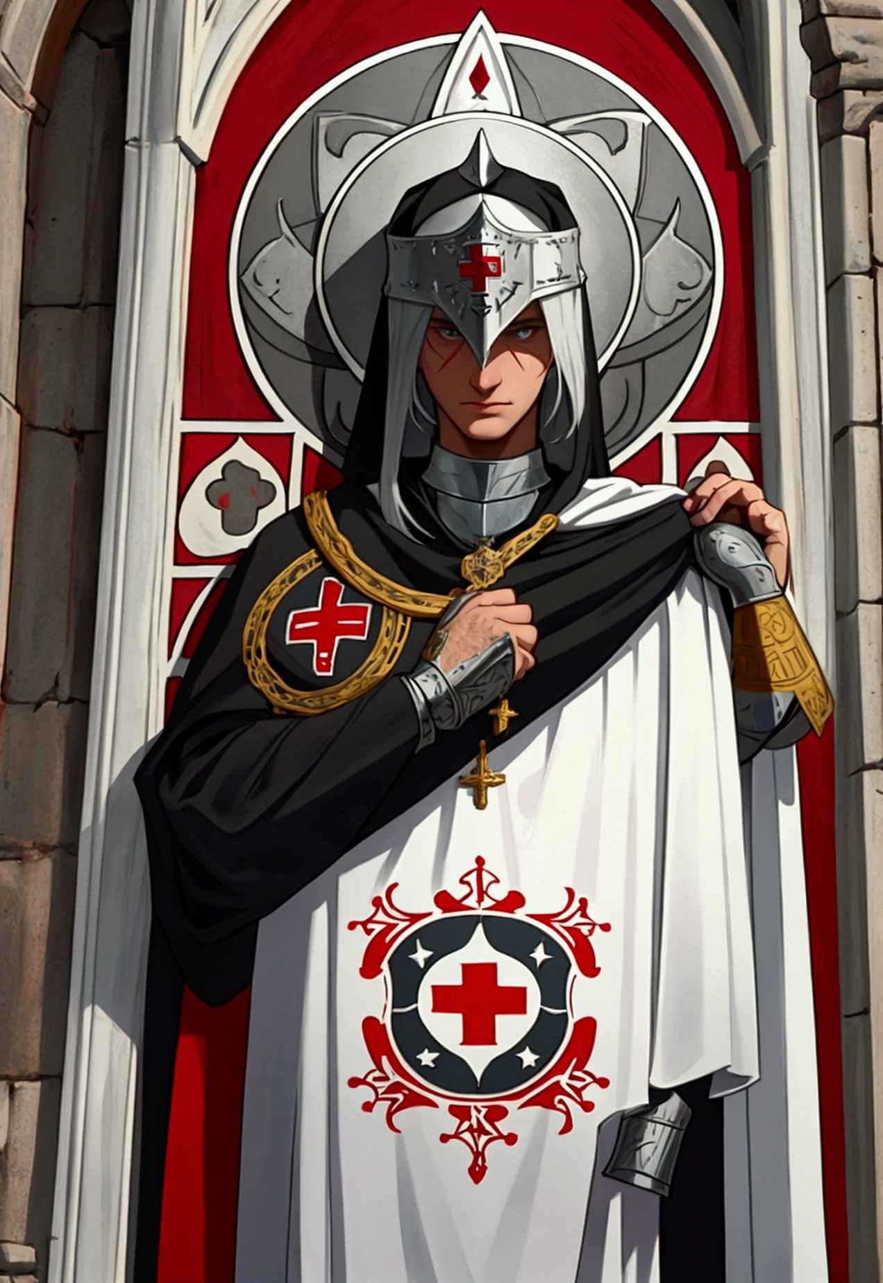 circular logo inspired by the Knights Templar. The central icon should be a silver shield with a red cross. The border of the logo should feature the words: "Mansidão, Prudencia, Temperança, Coragem, Fortaleza, Justiça" inscribed around the edge. The overall style should evoke the craftsmanship of medieval artisans, with textures and details reminiscent of traditional medieval artwork.