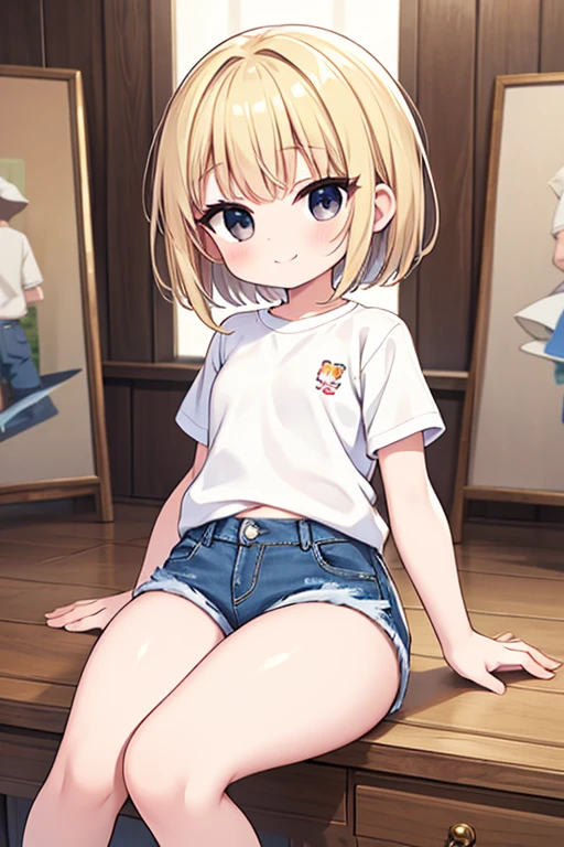 Maximum quality, work of art, 8k, perfect, ​masterpiece, increased quality, neat graphics, one  , small, child, muito small, so cute, beautiful very beautiful, with a bright and cute smile, com cabelos brancos amarrados em chiquinhas smalls, black eyes, wearing tight denim shorts, and wearing a white shirt, thick-thighs.