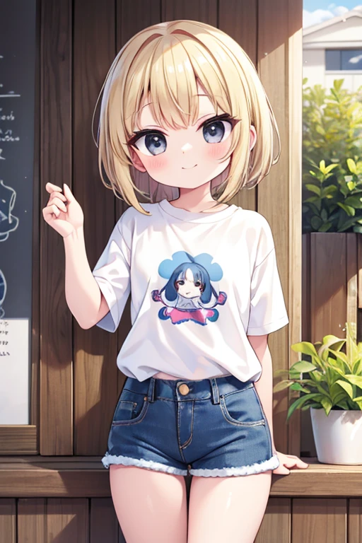 Maximum quality, work of art, 8k, perfect, ​masterpiece, increased quality, neat graphics, one  , small, child, muito small, so cute, beautiful very beautiful, with a bright and cute smile, com cabelos brancos amarrados em chiquinhas smalls, black eyes, wearing tight denim shorts, and wearing a white shirt, thick-thighs.