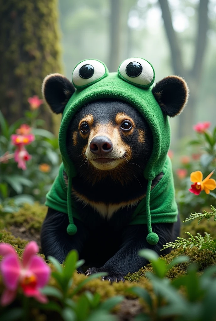 Peruvian spectacled bear wearing a frog hat
