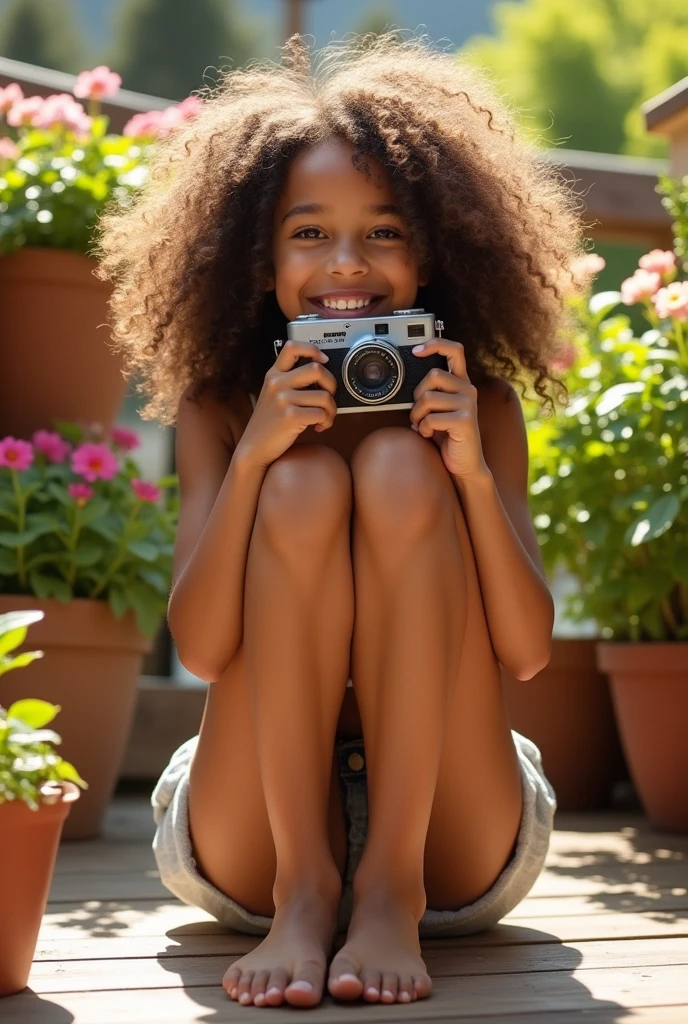 A brunette girl with curly hair and big breasts sits with her legs stretched out, taking a realistic photo