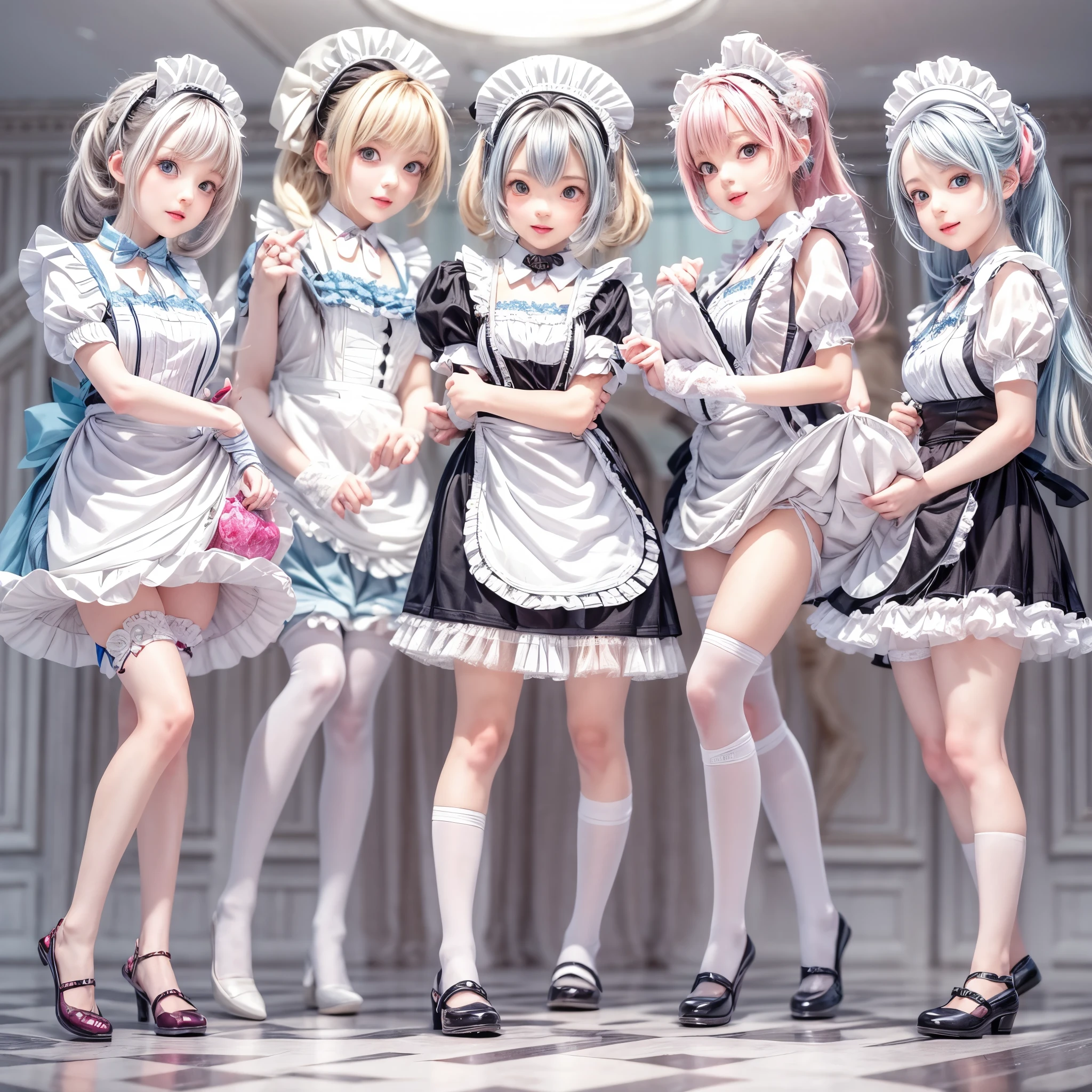 (Full Body of Extremely Detailed((Kawaii Maid Group in a row:1.37))), Childish perfect face, Reflective Eyes, Detailed(Delicate Clothing textures), Correct Leg Line, Dynamic Joyful Expressions LifeLike Rendering, Specular Reflection, TopQuality 8K Ultra-detailed masterpiece (ProfessionalPhoto:1.37), (Acutance:0.8), (Luminism:1.28), (Renaissance art style), Colorful Light particles, ((Full body from side)), {MicroMini(SkirtLift)|Kissing|Breast Lifting|Undressing|Thigh Gap}, Radiant Fine Skin with Transparency, (Exposed:0.5), (Different types of Anime hair color){Pink Hair|Light Blue Hair|Pure White Hair}, Perfect Lighting 