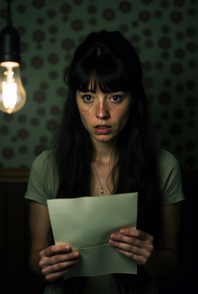 woman with dark hair, bangss, freckle on face, looking scared at a letter, half open, in hand