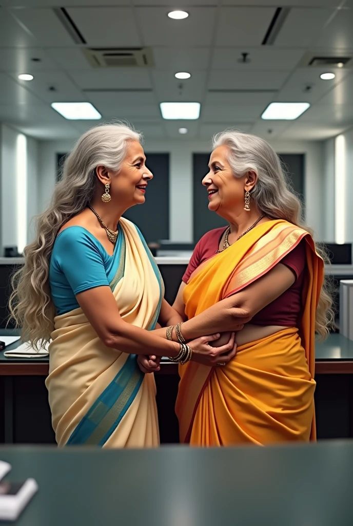 in luxerius office items sorrounded bright lighted modern indian office,two 65 years old mature eldery indian ladies in sarees licking each others in simillar open hairs totally wet and shining as per image prompt,their long,conopen hairs spills on the floor,red lipsstick,natural tongues pulled out,licking the tongunes excat in image promt,(Show me their tongues,long tongues,1.6) styled with 100000 liters hair oil,hairs like viscus oiled pulp,slick combed hair lines highly visible,{{{{{{Ladies wears perfect saree in perfectt busty}}}}}},{{{{{{NSFW}}}}},{{{{{{{{Hairs highly wet}}}}}}},{{{{{Hairs Drenched in oil}}}}}}}},{{{slick combed hair lines}}}}}},{{{{{Hairlines reflecting shinning like mirrors}}}}}},{{{{{{Showcase full bodies perfect figures}}}}}},{{{{{{{High resolution perfecr color grading}}}}}}}},{{{Perfect wet slick open hairs on all ladies exactly in image prompt}}}}}}}