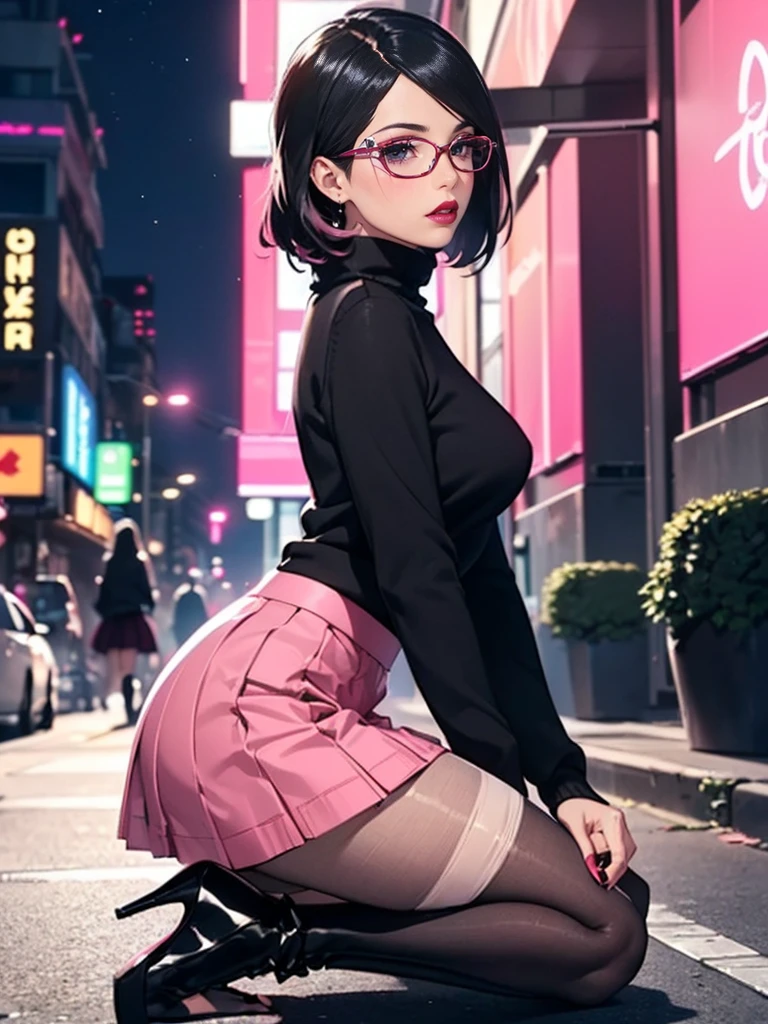 (((Nipple slip))), ((((Close up))), (1girl, solo, alone), (WakatsukiRisa, Sarada Uchiha, black hair, short hair, black eyes, red glasses), ((solo, (1woman, pink lipstick, (small breasts)), Extremely detailed, ambient soft lighting, 4k, perfect eyes, a perfect face, perfect lighting, a 1girl)), austere, ((parading on the sidewalk, (black bra, ), (((pink skirt)))))), (beige plaid skirt, short plaid skirt), high-heeled boots, (stiletto heel, thin heel), high-heeled boots, thigh-high boots, thigh and beige skirt, high boots, sexy look, wearing beige skirt, sexy clothes, in the city, monument, modern sculpture, Bella Poarca, Bela Vista, with neon lights, (pantyhose), boots above knee, night, lighting))