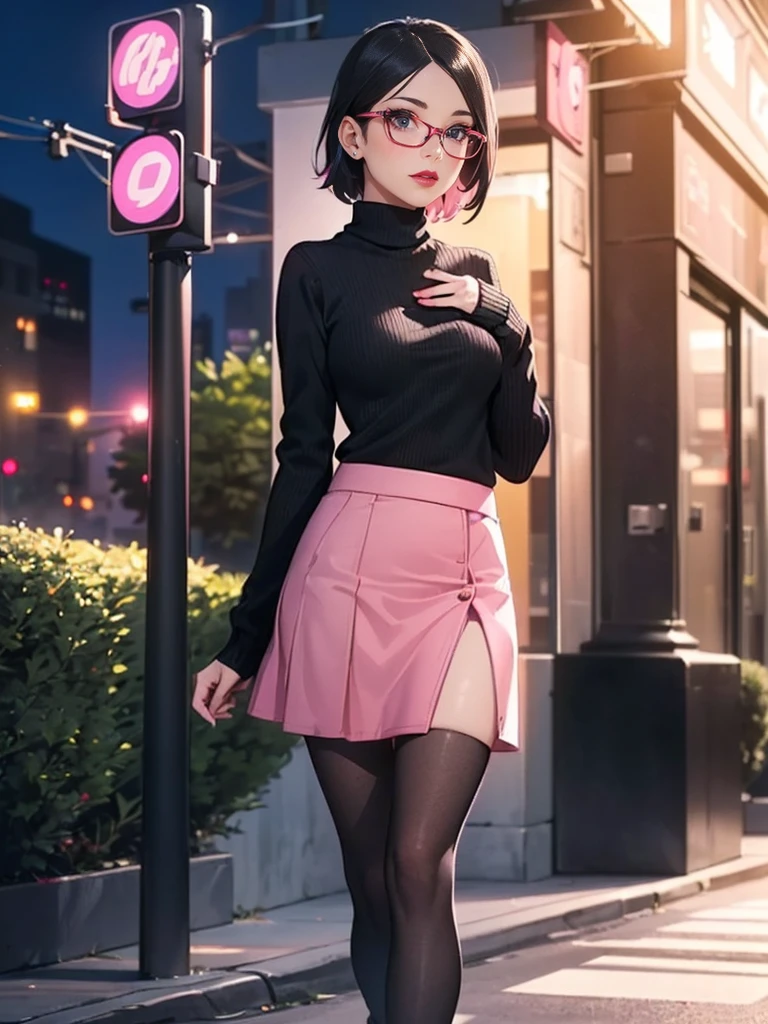 ((((Close up))), (1girl, solo, alone), (WakatsukiRisa, Sarada Uchiha, black hair, short hair, black eyes, red glasses), ((solo, (1woman, pink lipstick, (small breasts)), Extremely detailed, ambient soft lighting, 4k, perfect eyes, a perfect face, perfect lighting, a 1girl)), austere, ((parading on the sidewalk, (black sweater, women's knit sweater, long-sleeved sweater, black knit sweater), (((pink skirt)))))), (beige plaid skirt, short plaid skirt), high-heeled boots, (stiletto heel, thin heel), high-heeled boots, thigh-high boots, thigh and beige skirt, high boots, sexy look, wearing beige skirt, sexy clothes, in the city, monument, modern sculpture, Bella Poarca, Bela Vista, with neon lights, (pantyhose), boots above knee, night, lighting))