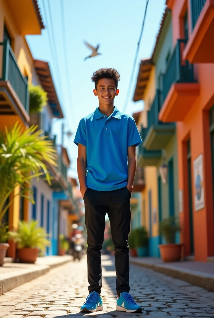 A 25 year old Brazilian boy with short black hair wearing a blue shirt, black pants and blue sneakers