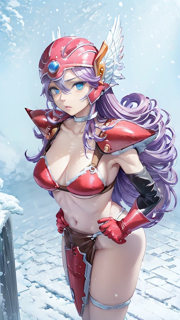 masterpiece、1 beautiful girl、Beautiful Eyes、Puffy eyes、Highest quality, 超High resolution, , Cinema Lighting、so beautiful、Beautiful Skin、(High resolution)、(8k)、(Very detailed)、(Beautiful Eyes)、(Very detailedな)、 Detailed face、Looking at the audience、Look straight ahead、Diagonal bangs、Perfect cosplay,((masterpiece, Highest quality,Edge Quality)),
Edge DQ, Long Hair, chest,, blue eyes, large chest, gloves, belly button, chestの谷間, Bright purple hair, choker, elbow gloves, sword, bikini armor, Winged Helmet, red armor ,wearing Edge DQ_armor、Muscular、(((Snow is piled up、The snow is up to shoulder height:1.5)))、(((I'm frozen solid.:1.5)))、(((Trembling)))、I'm despairing over the cold.