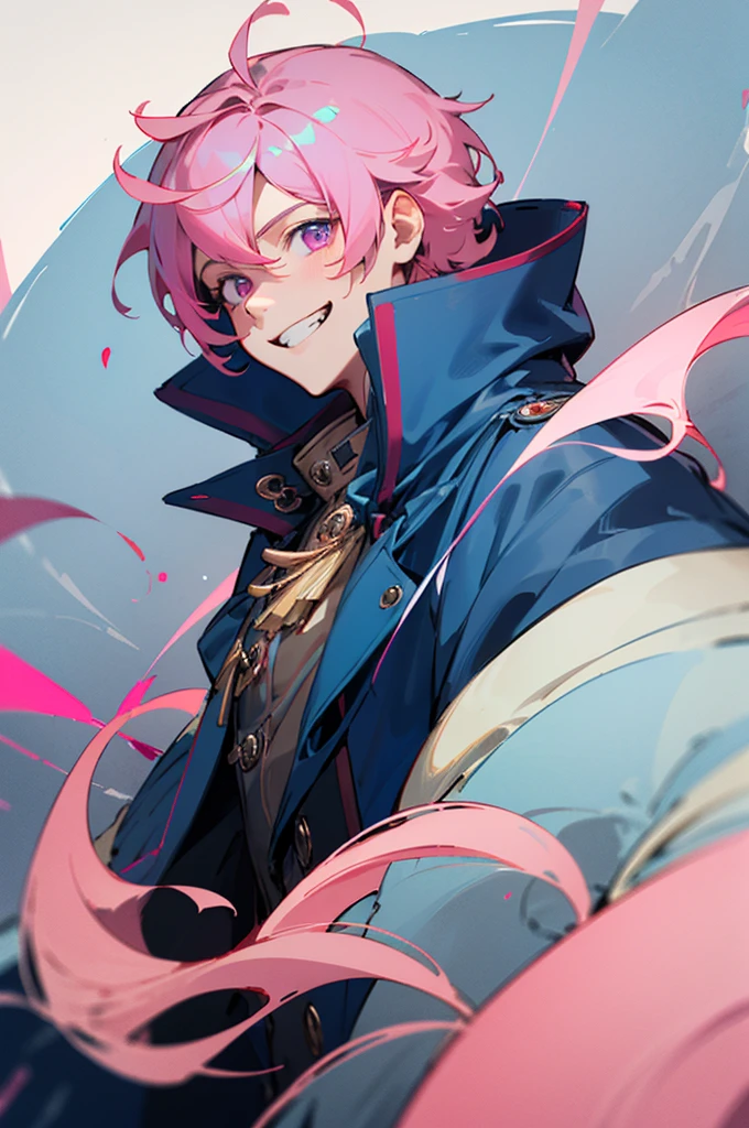 Extremely detailed, Absurd, Ultra-high resolution, Ultra-detailed, Highest quality, 1 Male, alone, Perfect hands, Upper Body, (Are standing), grin, medium purple eyes, Big eyes, (Pink Hair:1.2), (short hair:1.3)
BREAK
(Dark blue coat:1.5), trench coat, Long sleeve, cool, Cool guy