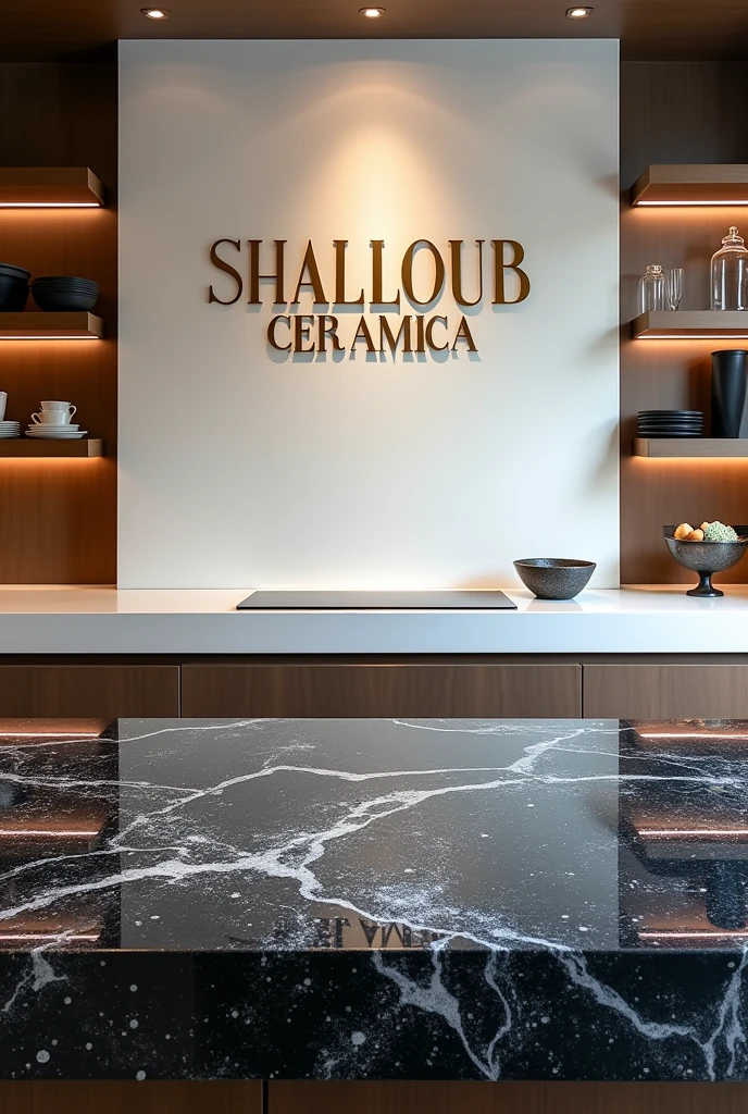 Write “SHALHOUB CERAMICA” on the wall in luxury kitchen with galaxy granite table.
