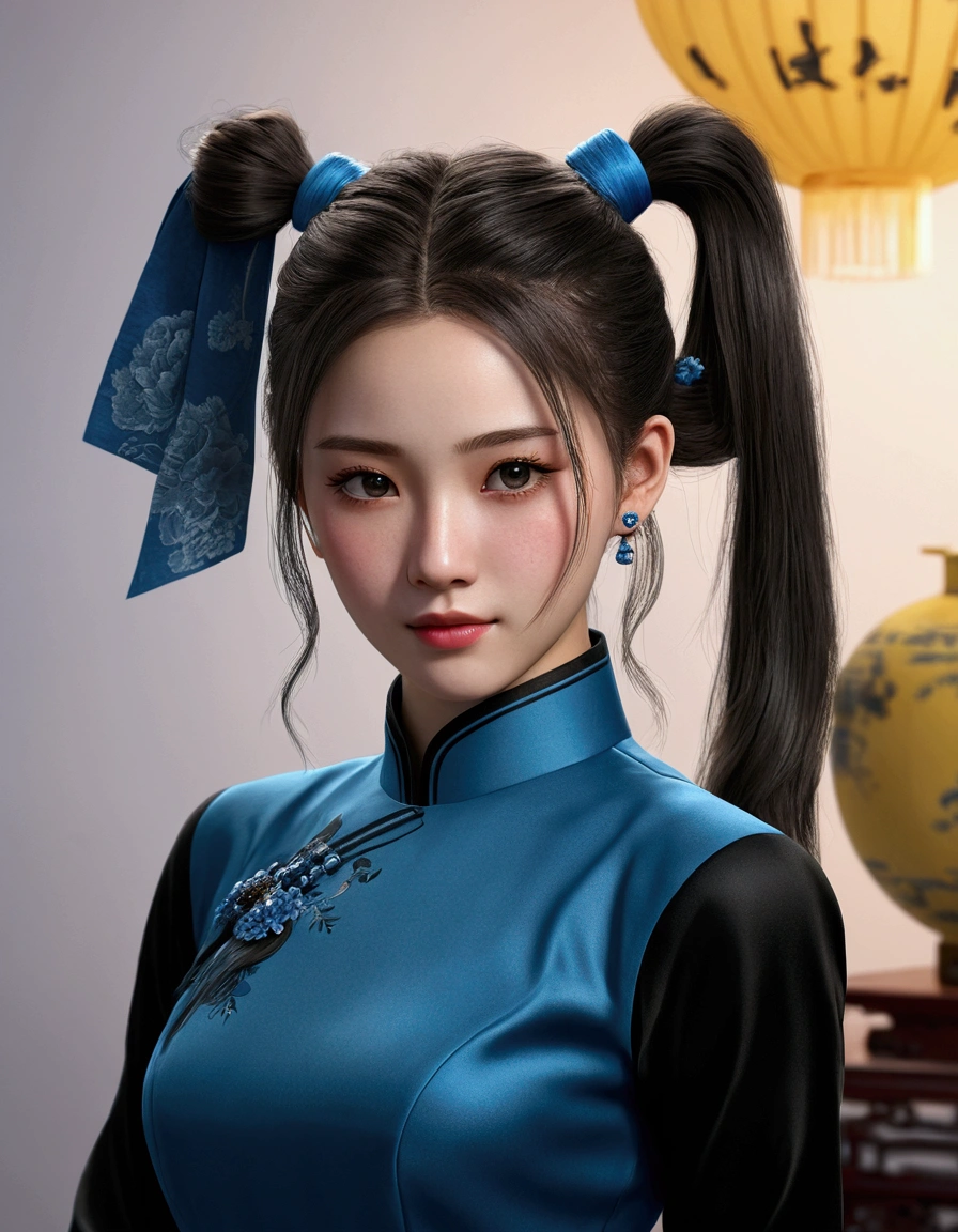 a girl, ponytail hair, blue cash china dress with black long sleeves, realistic face, 4k