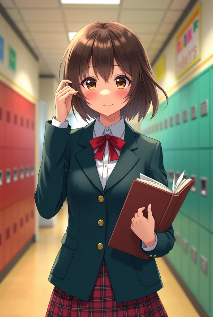 1girl, brown eyes, chin-length brown hair in a feathered cut with a side-parted fringe, school uniform, photorealism