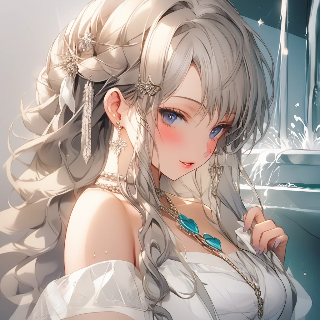 A beautiful woman in a white idol costume enters the fountain, getting completely soaked and becoming translucent.