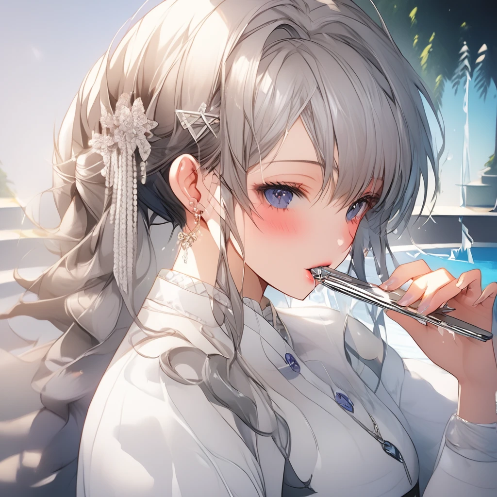 A beautiful woman in a white idol costume enters the fountain, getting completely soaked and becoming translucent.