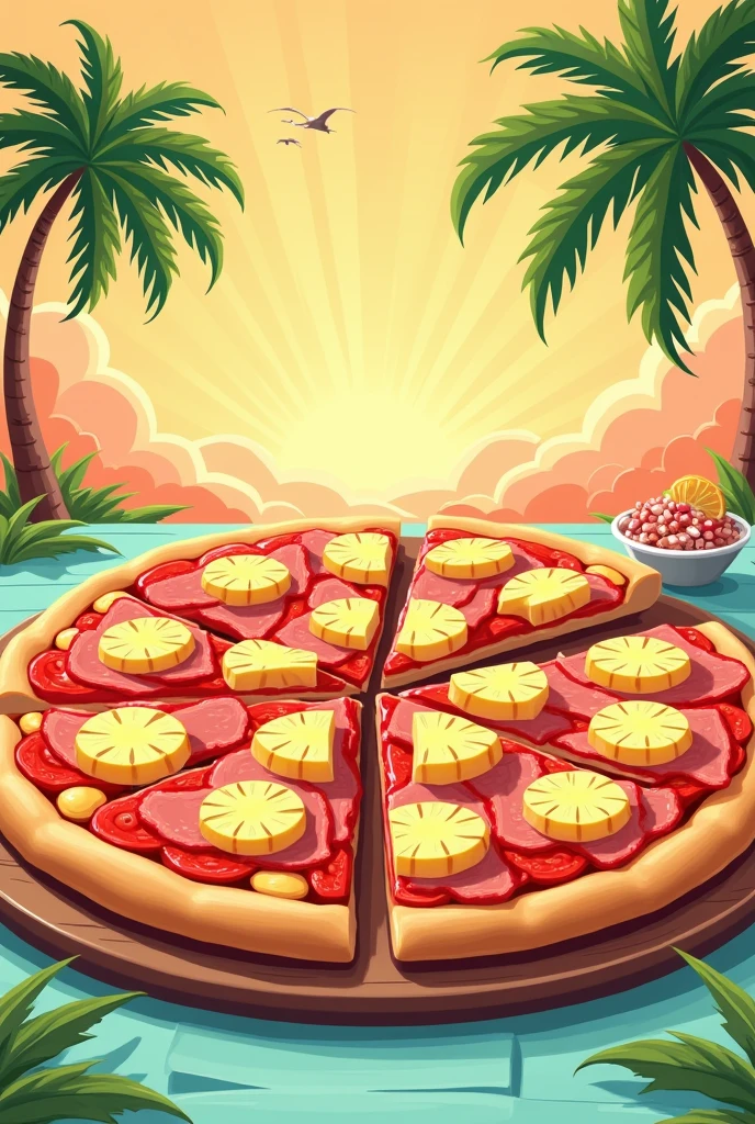 Simple drawing of a Hawaiian pizza with pineapple and ham, retro