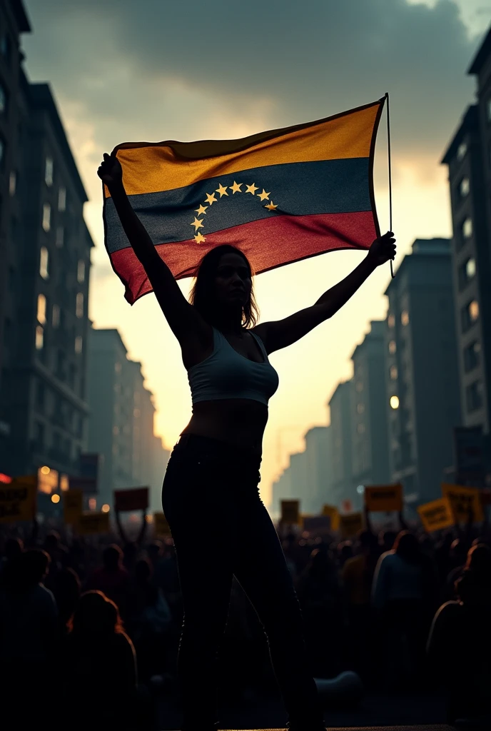 A silhouette of a woman in the foreground, standing with determination, Raising a worn but still vibrant Venezuelan flag. Around it, A crowd of protesters follows her, Raising banners and shouting for justice. The background shows dark buildings and shadows representing the political chaos in Venezuela., with a stormy sky reflecting the tension in the environment. The silhouette of the woman is the only clearly defined figure, symbolizing leadership and hope.