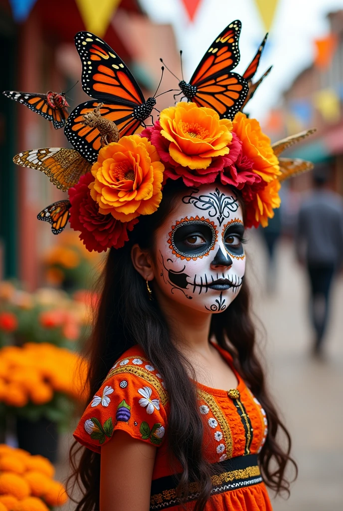 A girl dressed as a Mexican Catrina with a monarch butterfly and axolotl headdress 