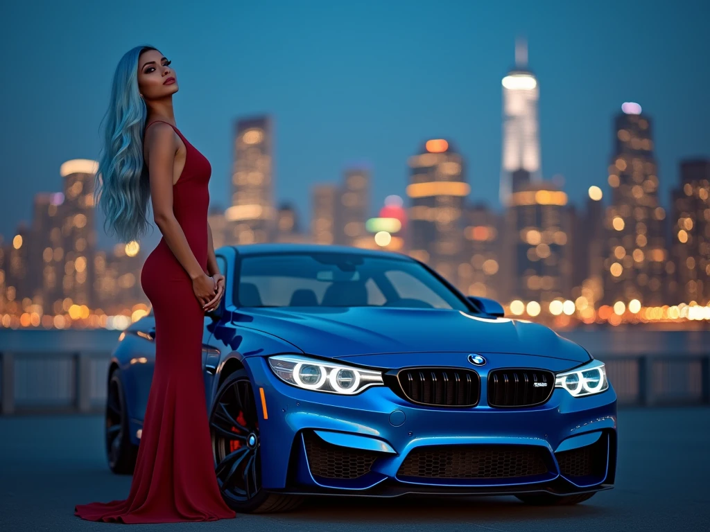 beautiful biracial latina woman, long elegant light blue hair, light blue eye, large breasts, extremely full body detailled, close to a blue sport bmw, sexy red dress, in the city