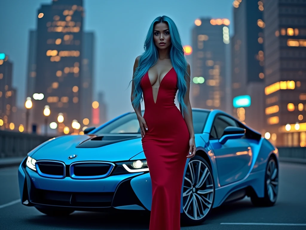 beautiful biracial latina woman, long elegant light blue hair, light blue eye, large breasts, extremely full body detailled, close to a blue sport bmw, sexy red dress, in the city