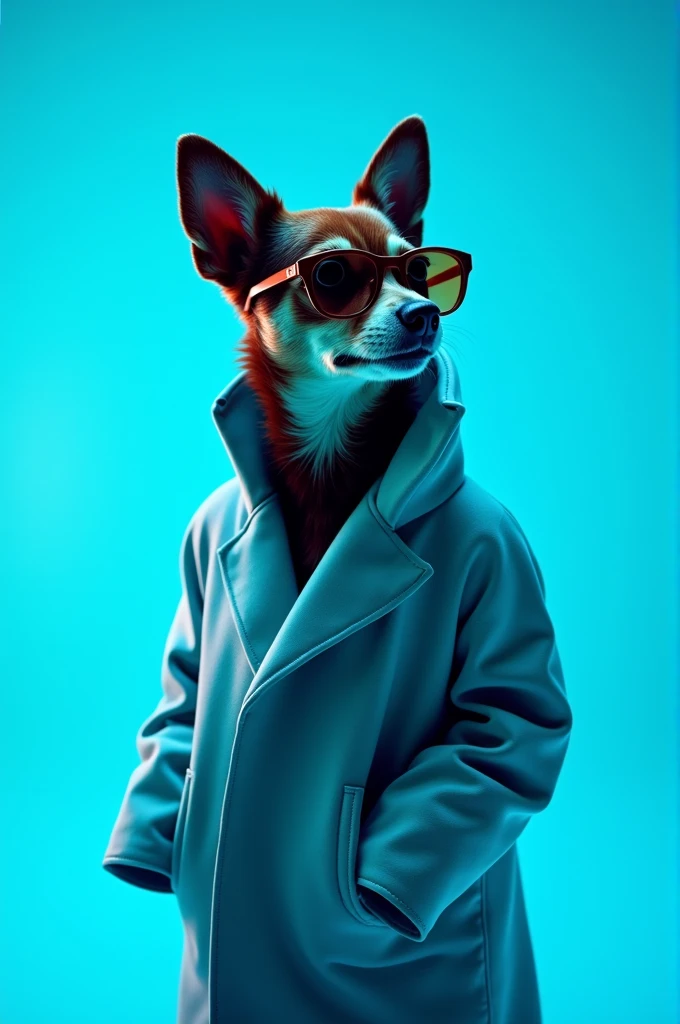 The best cell phone wallpaper, Award-Winning Wallpaper, portrait photography, In the front view is a portrait of a cute dog wearing mid-1960s space age fashion, Side view photo, Shot with Canon EOS R5, Set a strong contrast that accentuates the subject, Fluorescent blue tone, Wearing a very modern coat and sunglasses is a modern 1960s style, Clothes all in one color, beautiful background