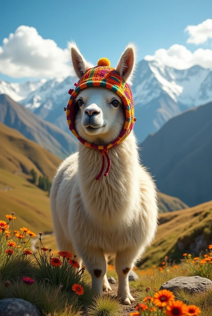 Llama from Peru wearing a toad cap
