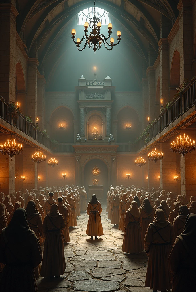 Imagine a medieval infirmary with this description:
a large lobby illuminated by wrought iron chandeliers, with a central altar dedicated to offering prayers for the sick. There is no respite or vacation at the House of Blessings, and there is no pay — all doctors and nurses work voluntarily, believing in the healing power of faith combined with science. The main infirmary is almost always crowded with the sick and injured, victims of hunts. The treatment rooms are divided into various wings, each one equipped to cater to different types of illnesses.