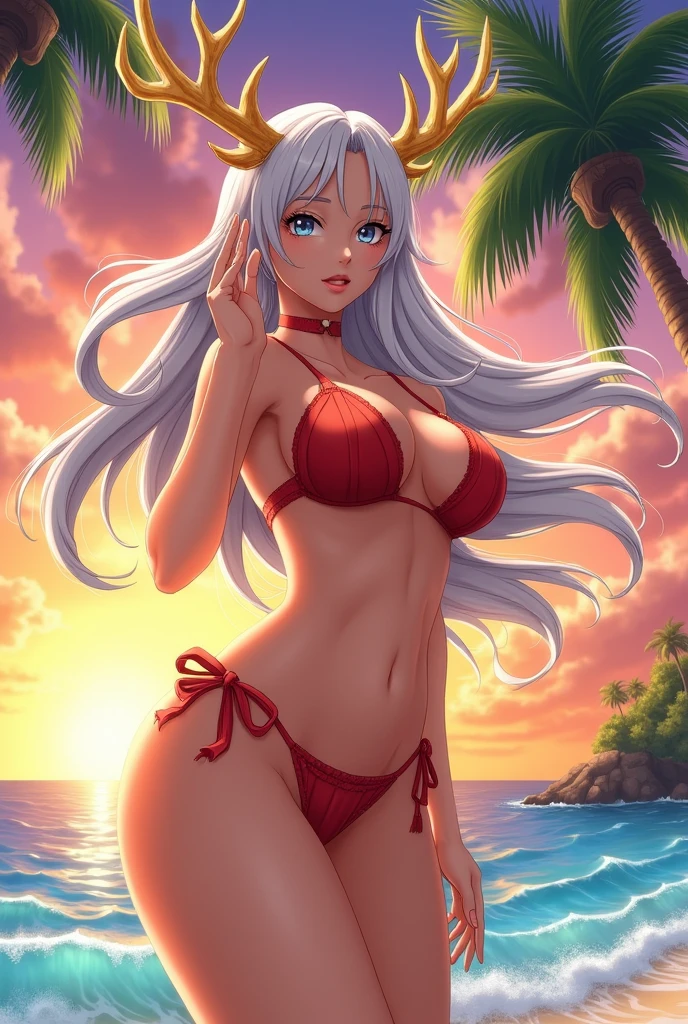 anime girl, white hair, antlers, one piece, Yamato, Yamato one piece, big-ass, bikini, view from below, sexualized, sexly