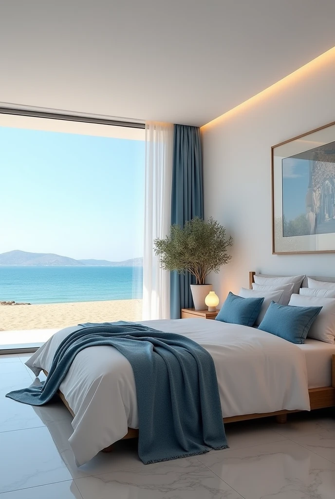 A room with a large bed, large window with sea view, luxurious and comfortable, modern Greek inspired 
