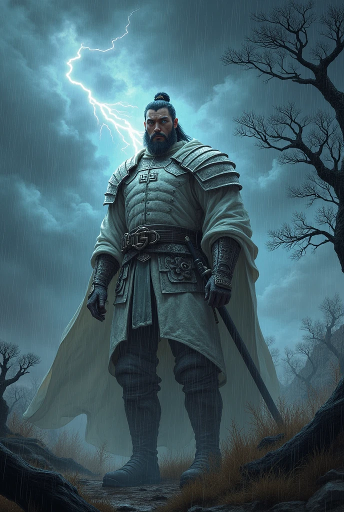 RPG, stormy weather, Realistic A Clearance, Cao Cao, 1,80, offwhite, weighing 80 kg, blue colored eyes