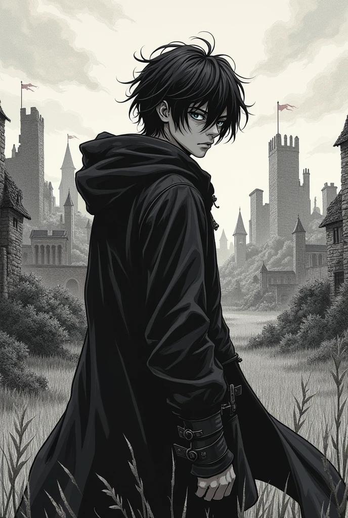 Create a manga cover, the protagonist has black hair and an empty, tired expression. His vibe is kind of dark., The cover style is like a manga illustration with hatching and shading., in black and white the time is medieval and the character has a striking look of weariness and emptiness