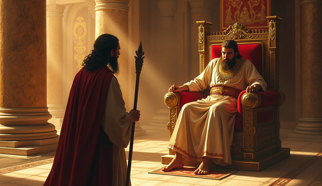 A scene showing the Prophet Moses, peace be upon him, standing bravely before Pharaoh in his huge palace. Moses is holding his staff, and his face shows confidence and faith. Pharaoh on the throne, his picture angry and his face scary