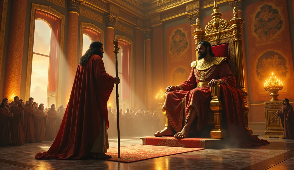 A scene showing the Prophet Moses, peace be upon him, standing bravely before Pharaoh in his huge palace. Moses is holding his staff, and his face shows confidence and faith. Pharaoh on the throne, his picture angry and his face scary  