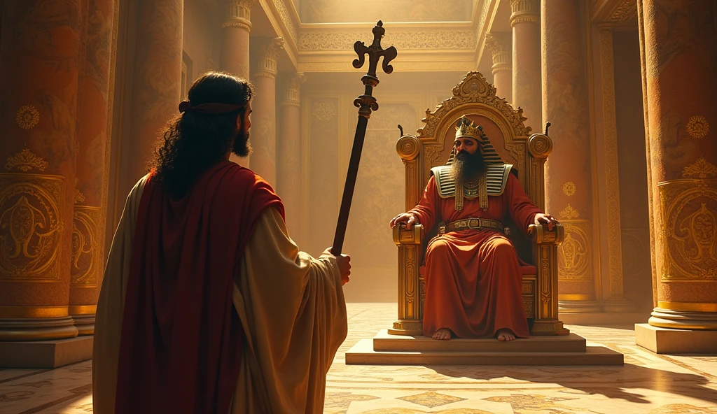 A scene showing the Prophet Moses, peace be upon him, standing bravely before Pharaoh in his huge palace. Moses is holding his staff, and his face shows confidence and faith. Pharaoh on the throne, his picture angry and his face scary