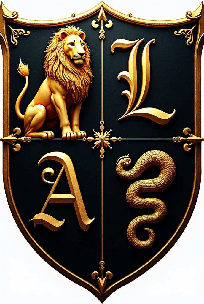 A coat of arms in the shape of a shield divided into four parts, on the upper left side,a lion often used in coats of arms, on the top right side, a letter L in gothic format, on the bottom right side a snake in the same style as the lion, In the bottom left corner, a letter A, at the bottom of the lion and the snake, the shield will be black, and the golden animals, at the bottom of the letters,the shield will be golden, and the black letters