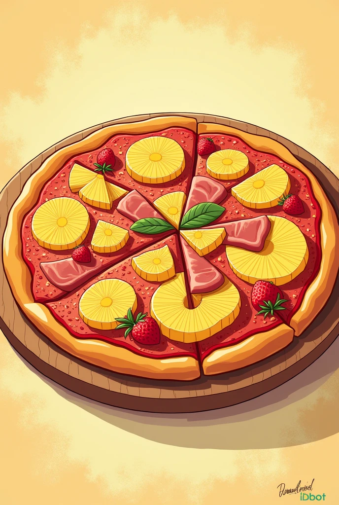 Simple drawing of a Hawaiian pizza with pineapple and ham, retro like the previous one